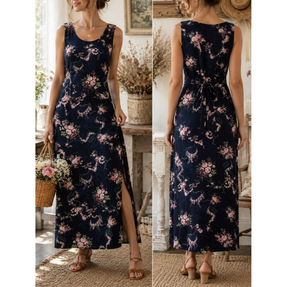 Vintage 90s R&K Floral Midi Slip Dress MP Navy Rose Ribbon Cottagecore Grunge Ro
